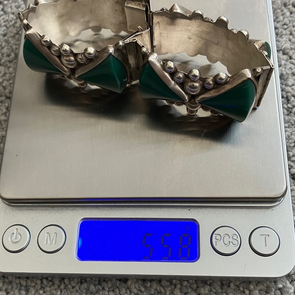 Stunning Large Scale Vintage Taxco Del Rio Style Green and Silver Bracelet - Picture 7 of 10